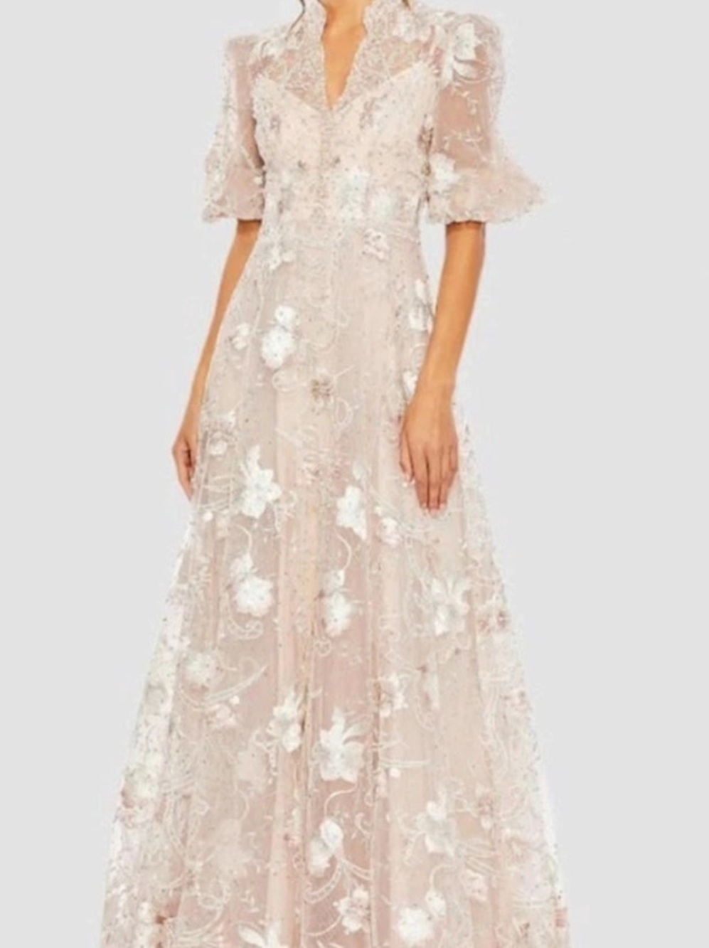 Mac Duggal Queen Anne Puff Sleeve Embroidered A-Line Gown Floral Maxi Dress Pink